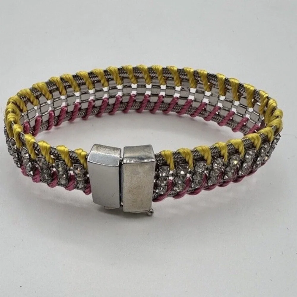 LOFT‎ Woven Rhinestone Cord Bracelet Silver Tone Pink Yellow Magnetic Clasp J-01